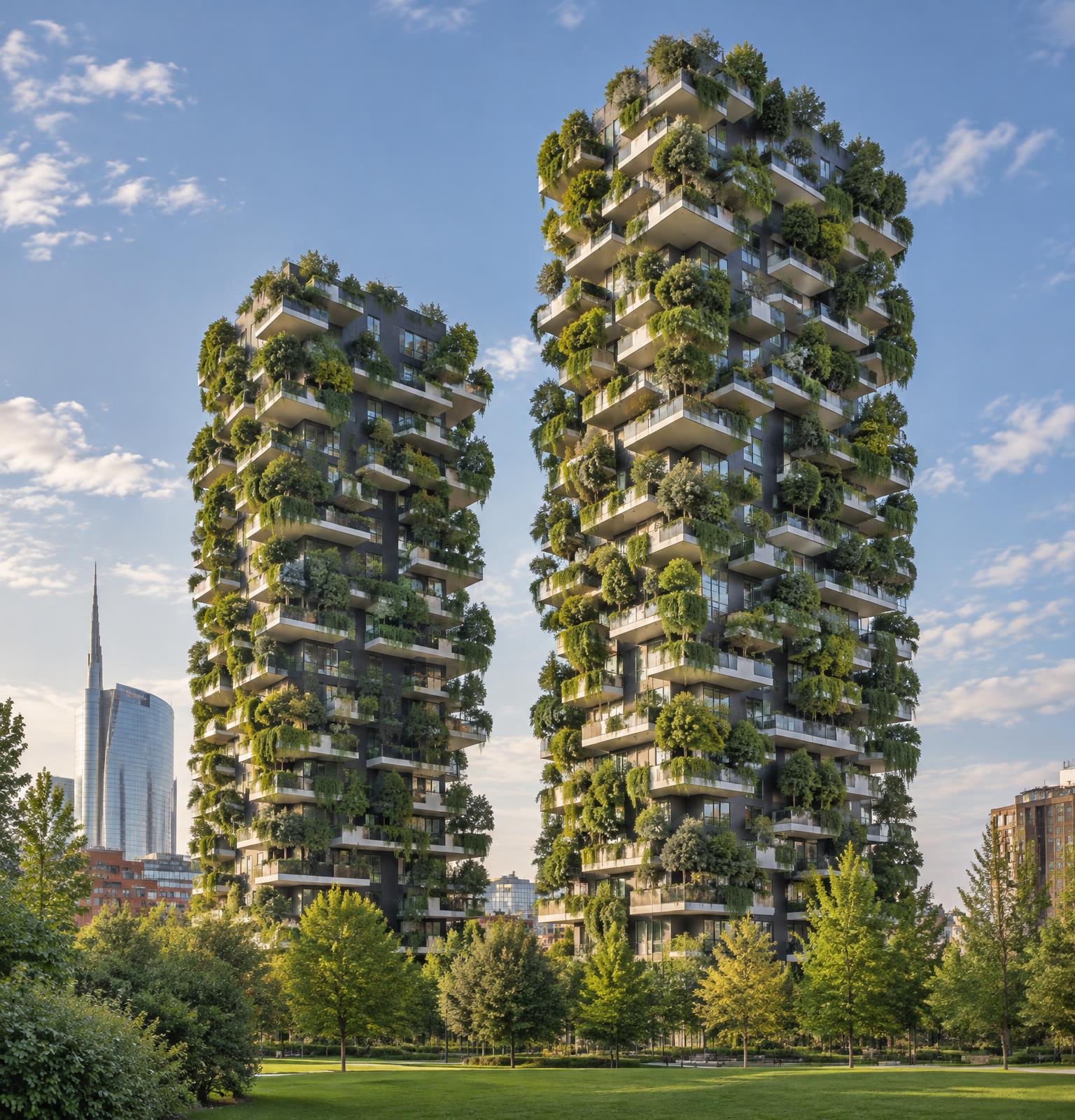 Le due torri del Bosco Verticale a Milano, con balconi e terrazze ricchi di vegetazione